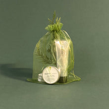 Load image into Gallery viewer, Set of skincare products in a green organza bag on a dark green background
